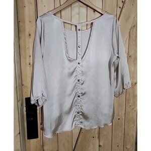 Ivory Silky Cutout Back Women’s Blouse With Gold Embellished Buttons Down Back